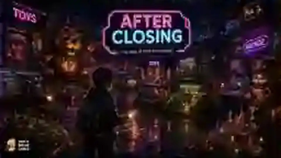 Night caretaker exploring a neon shopping mall filled with mechanical mascots and transformed shops.