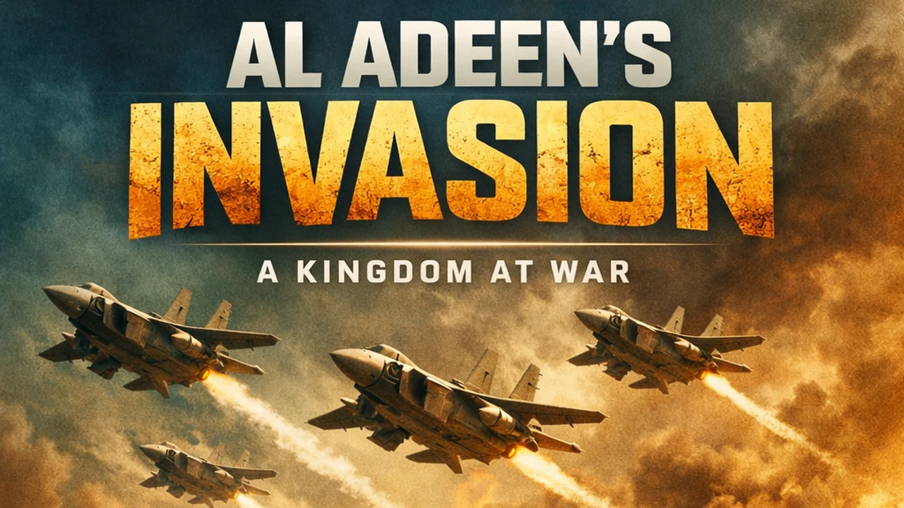 Four fighter jets trailing smoke streak through a stormy, dust-filled sky beneath the title Al Adeen's Invasion and the line A Kingdom at War.