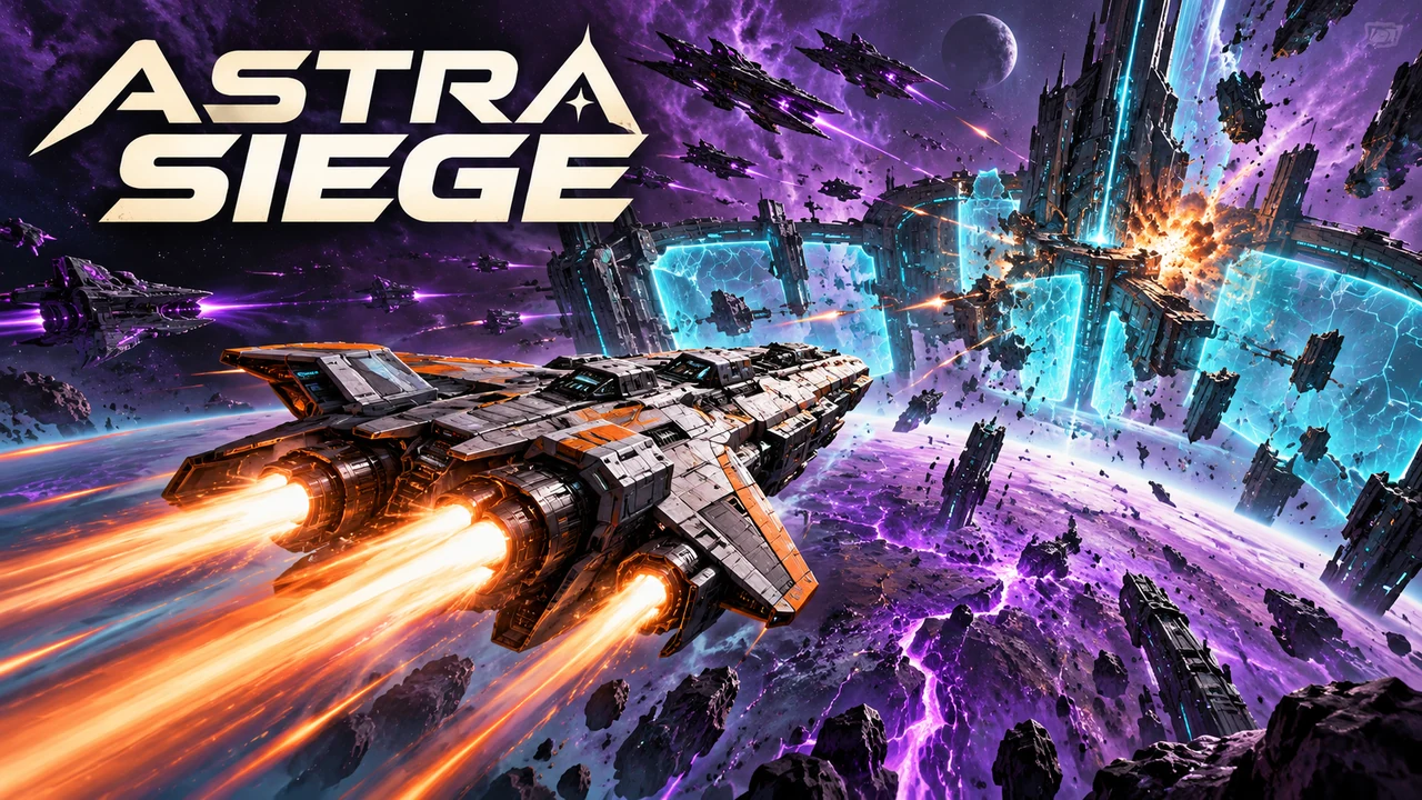 The Resolute cruiser breaking through a cyan fortress line above a fractured violet planet while enemy formations close in.