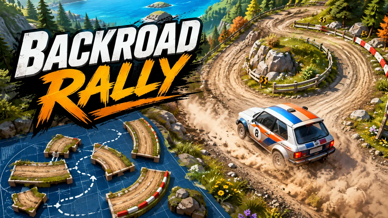 Compact rally cars drifting through a dusty mountain road with hairpins and split routes.