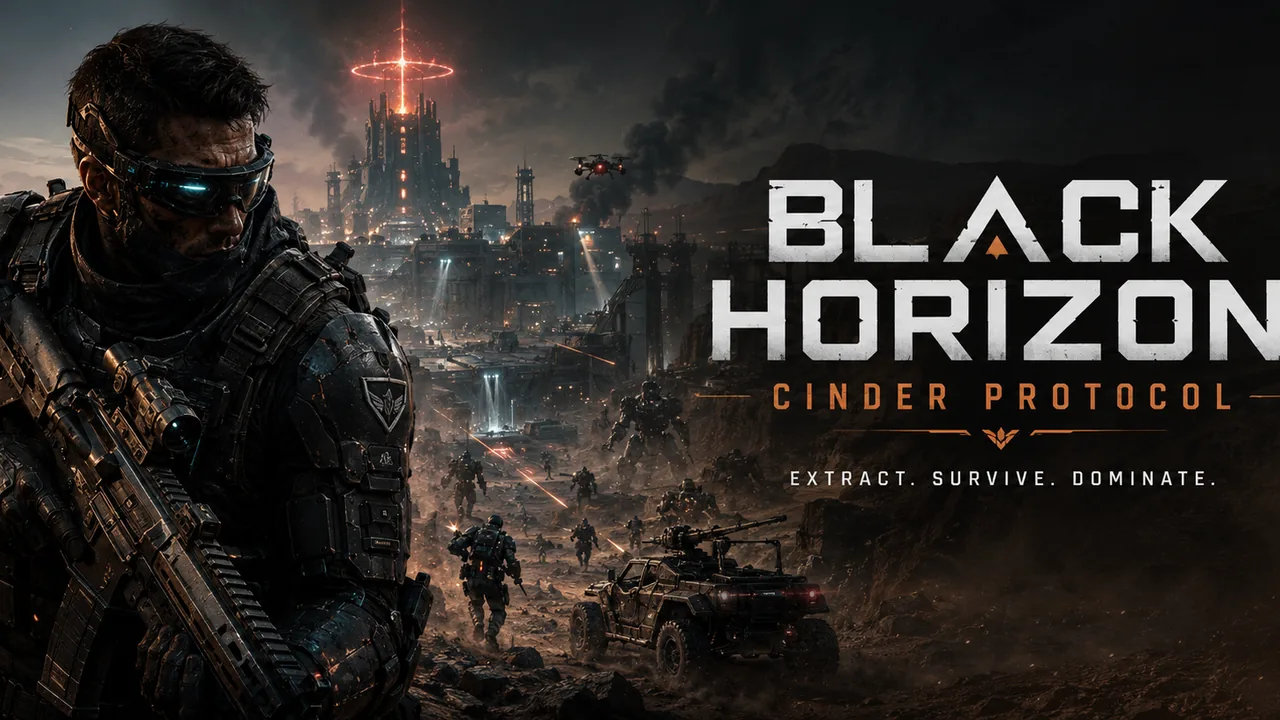 An armoured operator in goggles holds a rifle in the foreground as drones, infantry and a gun truck advance on a burning fortress city under a dark sky.