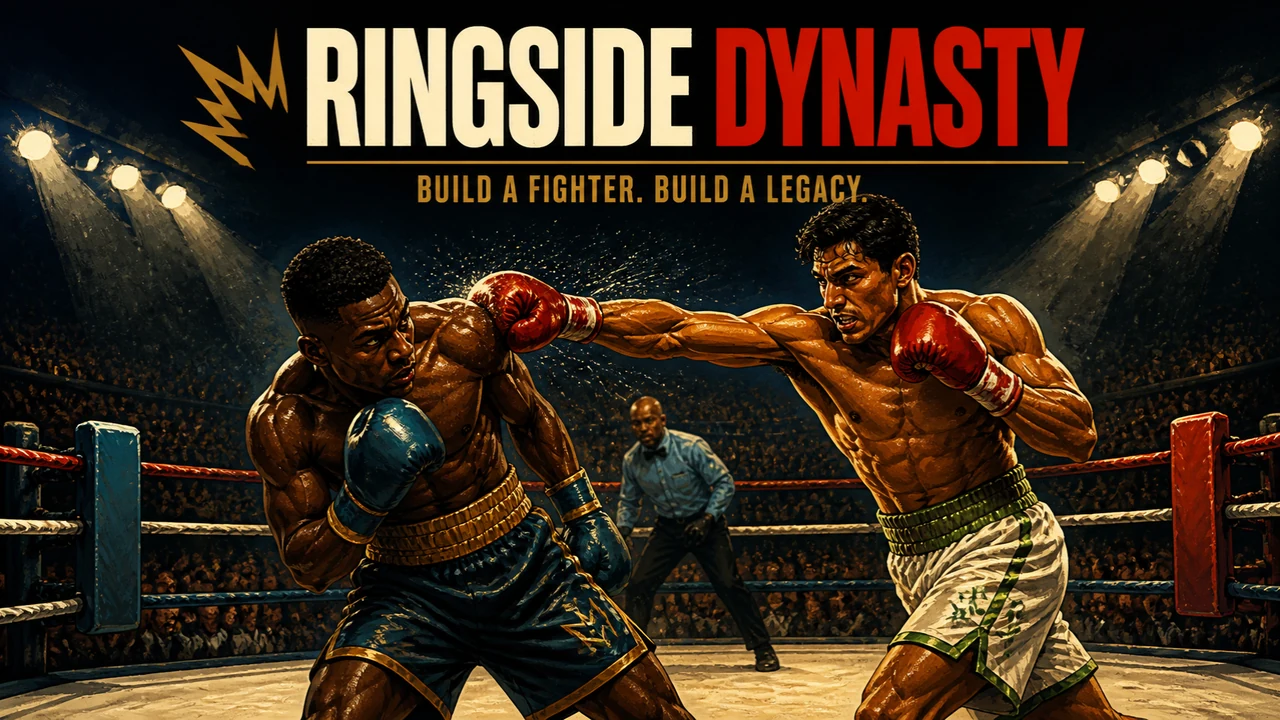 Two boxers, one in navy trunks with blue gloves and one in white trunks with red gloves, trade punches in a roped ring under bright arena lights, with a referee and a packed crowd behind them.