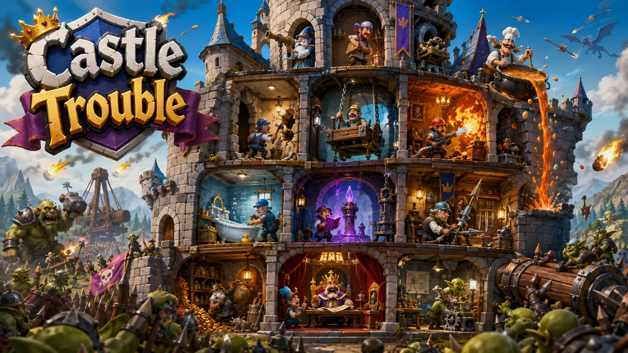Castle maintenance crew repairing a colourful fortress during a chaotic comic siege.