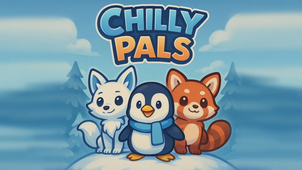 A penguin in a blue scarf stands between a white fox and a red panda on a snowy hill, with snowy pine trees behind them, beneath the title Chilly Pals.