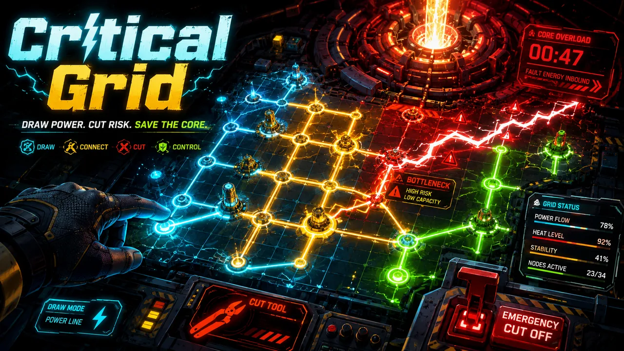 Industrial power-routing board with blue, yellow and red energy networks nearing overload.