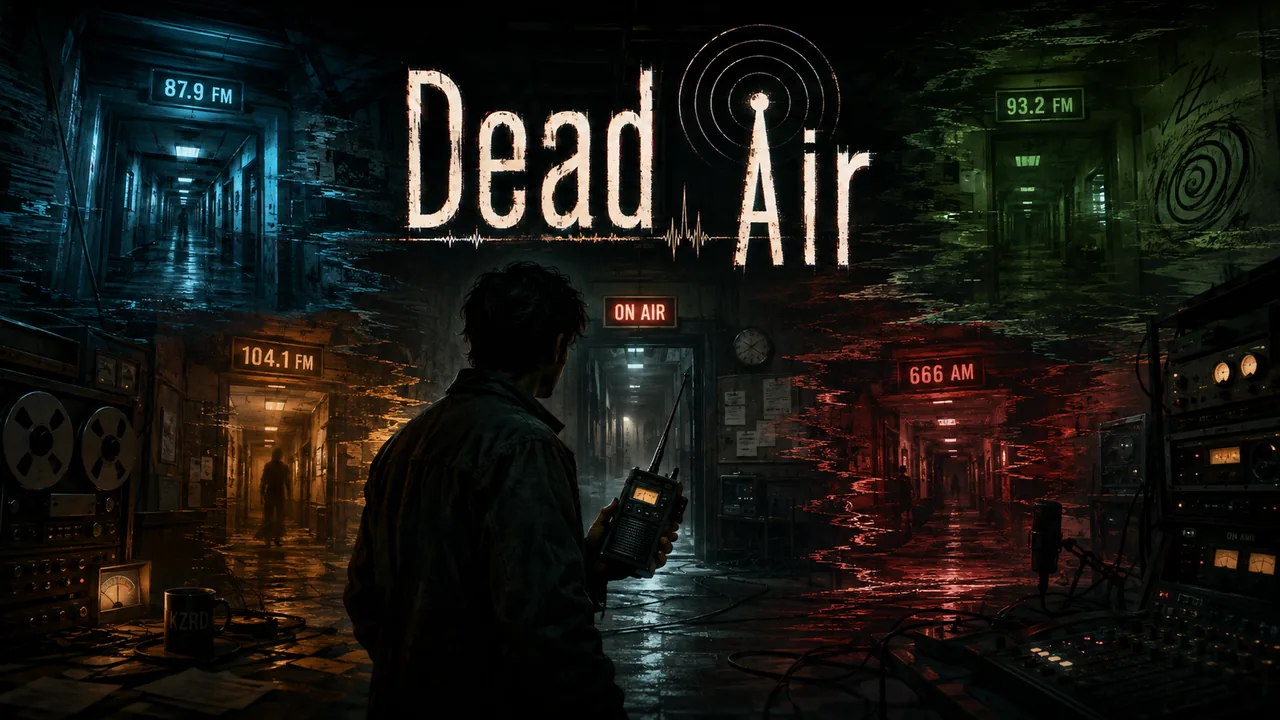 Late-night radio technician at an eerie broadcast console with shifting frequency-lit corridors.