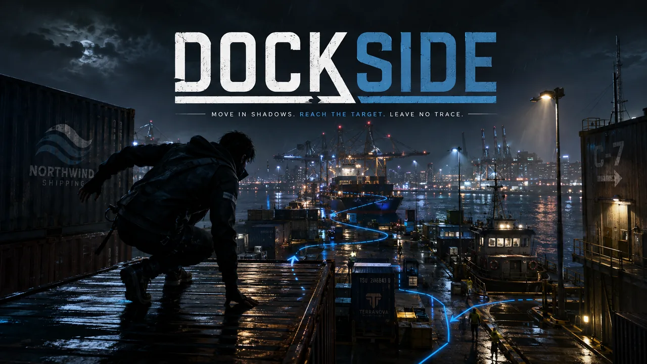 Sneaking through a harbor across rain-slick containers, boats and crane walkways.