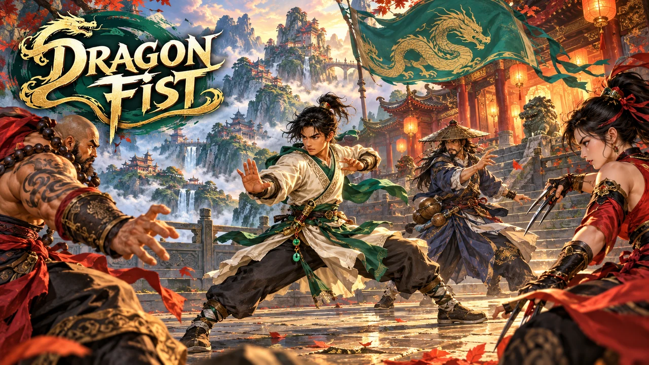 A young martial artist facing rival fighters beneath a jade dragon banner in a lantern-lit mountain courtyard.