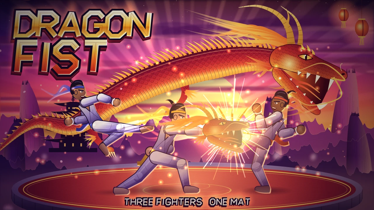 Key art: three karate fighters on a round red mat at sunset. One in a gold headband throws a punch wrapped in a fiery dragon into a rival’s raised kick as a third flies in from behind, and a huge red and gold dragon coils across the purple sky beside the DRAGON FIST title.