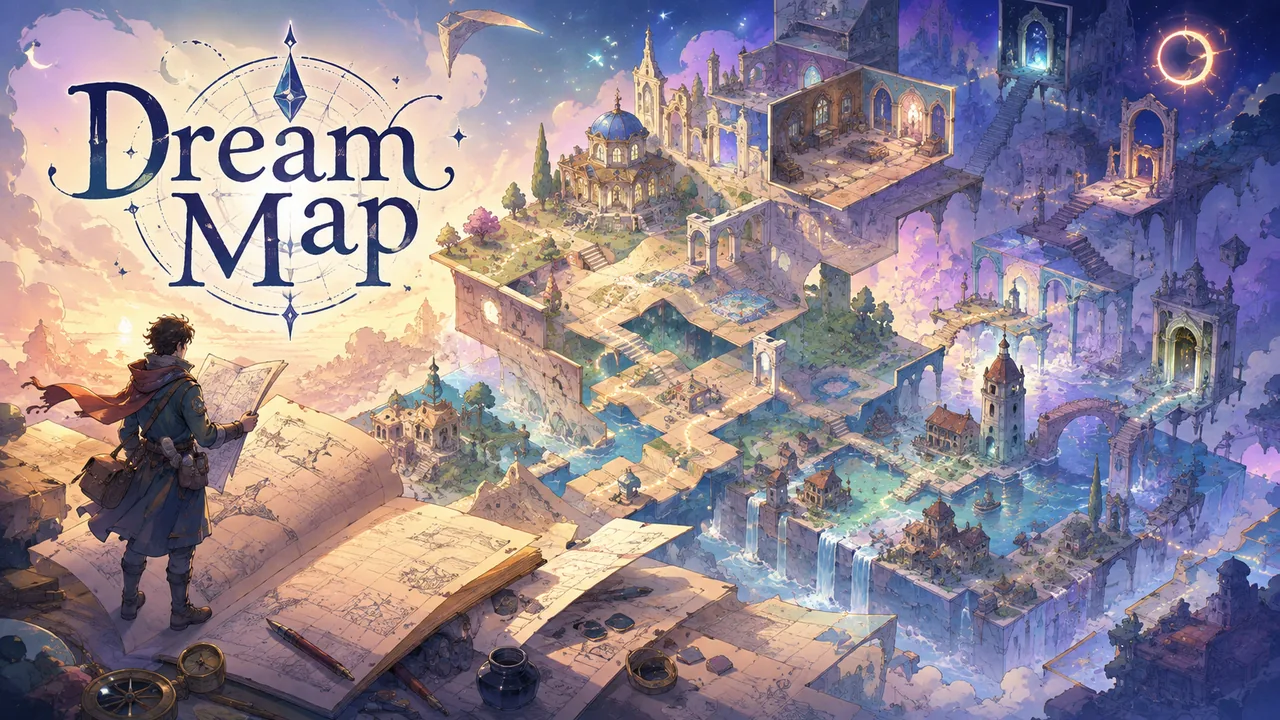 Cartographer sketching an impossible floating dream city into an open notebook map.