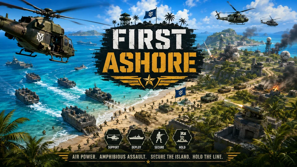 Scout and transport helicopters inserting troops on a contested tropical island beach.