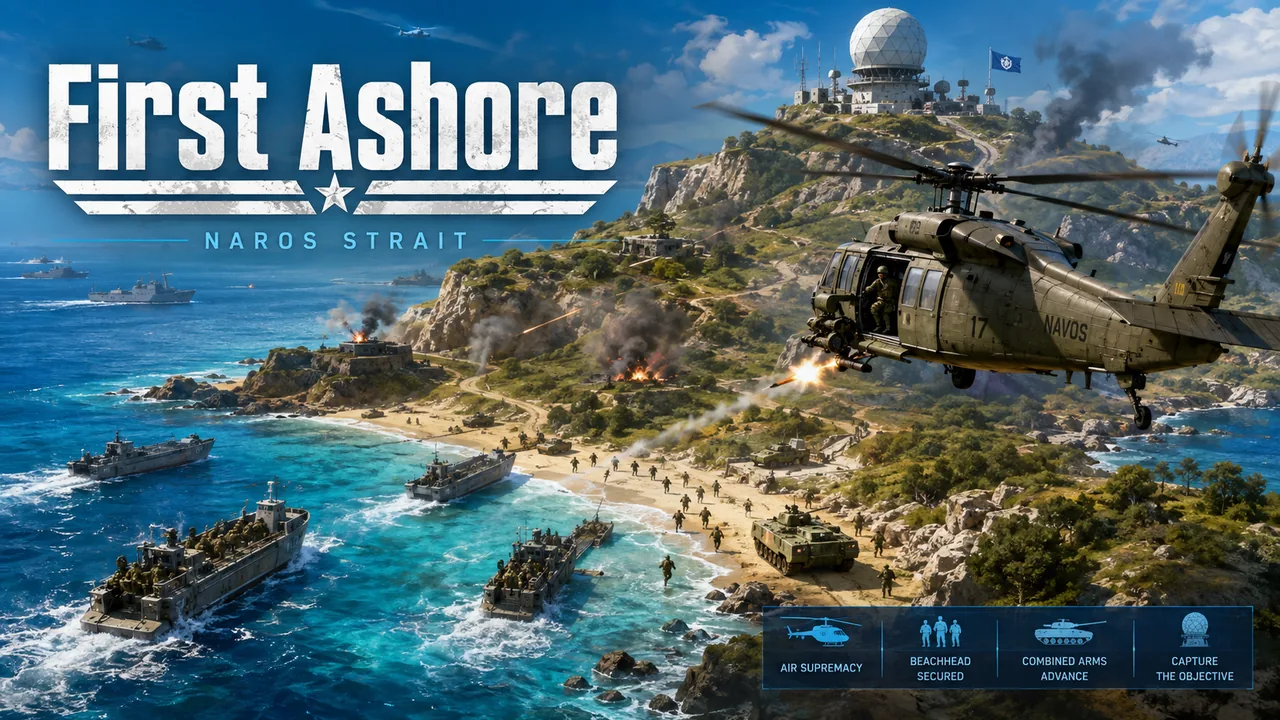 Scout and transport helicopters inserting troops on a contested tropical island beach.