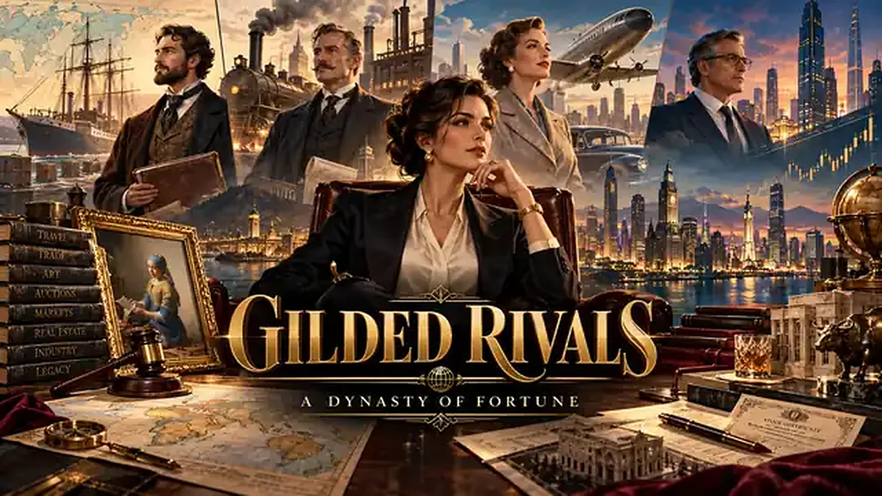 A woman in a dark jacket sits in a leather chair before a painted collage of a sailing ship, a steam locomotive, an aeroplane and a lit city skyline, above the gold title Gilded Rivals: A Dynasty of Fortune.