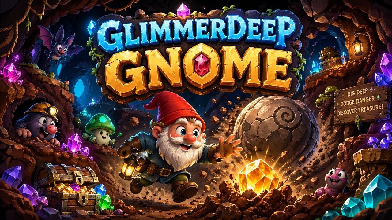 A red-capped gnome with a white beard and a lantern leaps through a crystal cave as a huge round boulder rolls behind him and a golden gem bursts from the dirt, with a mole, a bat and a mushroom looking on beneath the carved Glimmerdeep Gnome title.