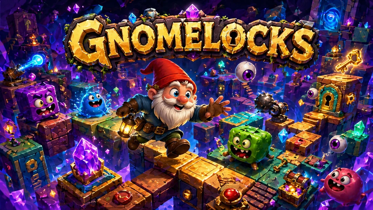 A red-capped gnome with a white beard and a lantern strides across golden stone blocks in a purple crystal maze, surrounded by glowing keys, locked doors, cube monsters and floating eyeballs beneath the carved Gnomelocks title.