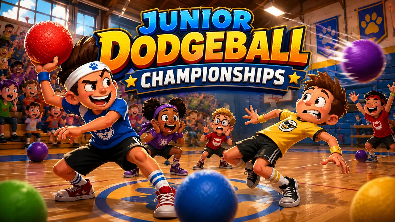 School children mid-throw and mid-dodge across a bright gymnasium court while the crowd in the bleachers reacts.
