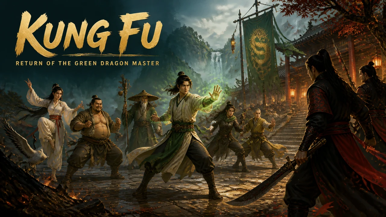 A young martial artist in a cream and jade robe, green light glowing in one palm, holds a ready stance in a lantern-lit mountain courtyard with five companions beside them and two armed rival fighters facing them, beneath the title Kung Fu: Return of the Green Dragon Master.