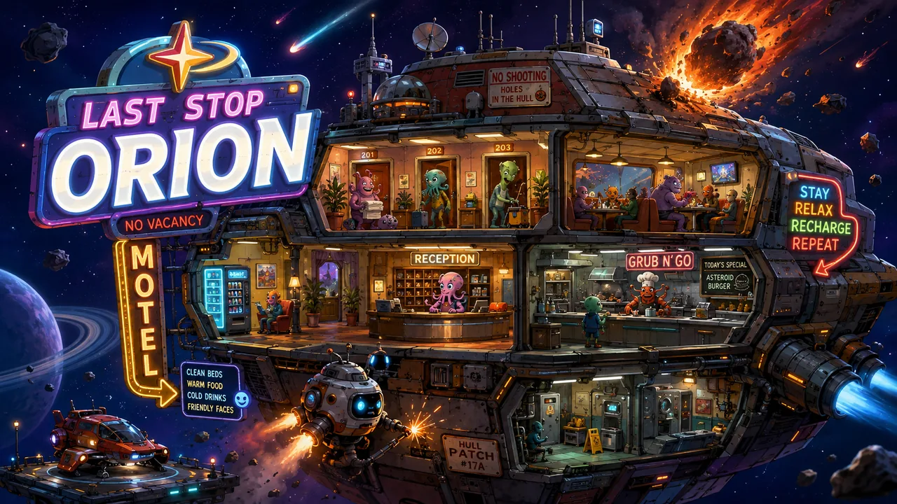 Roadside space motel sheltering alien guests during a meteor storm.