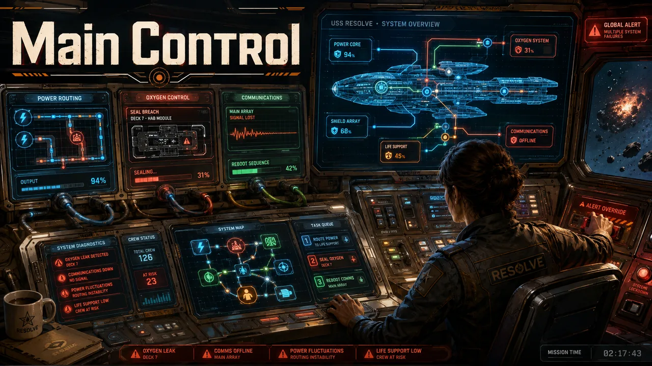 Dense starship command console showing system failures, crew status and a central ship schematic.