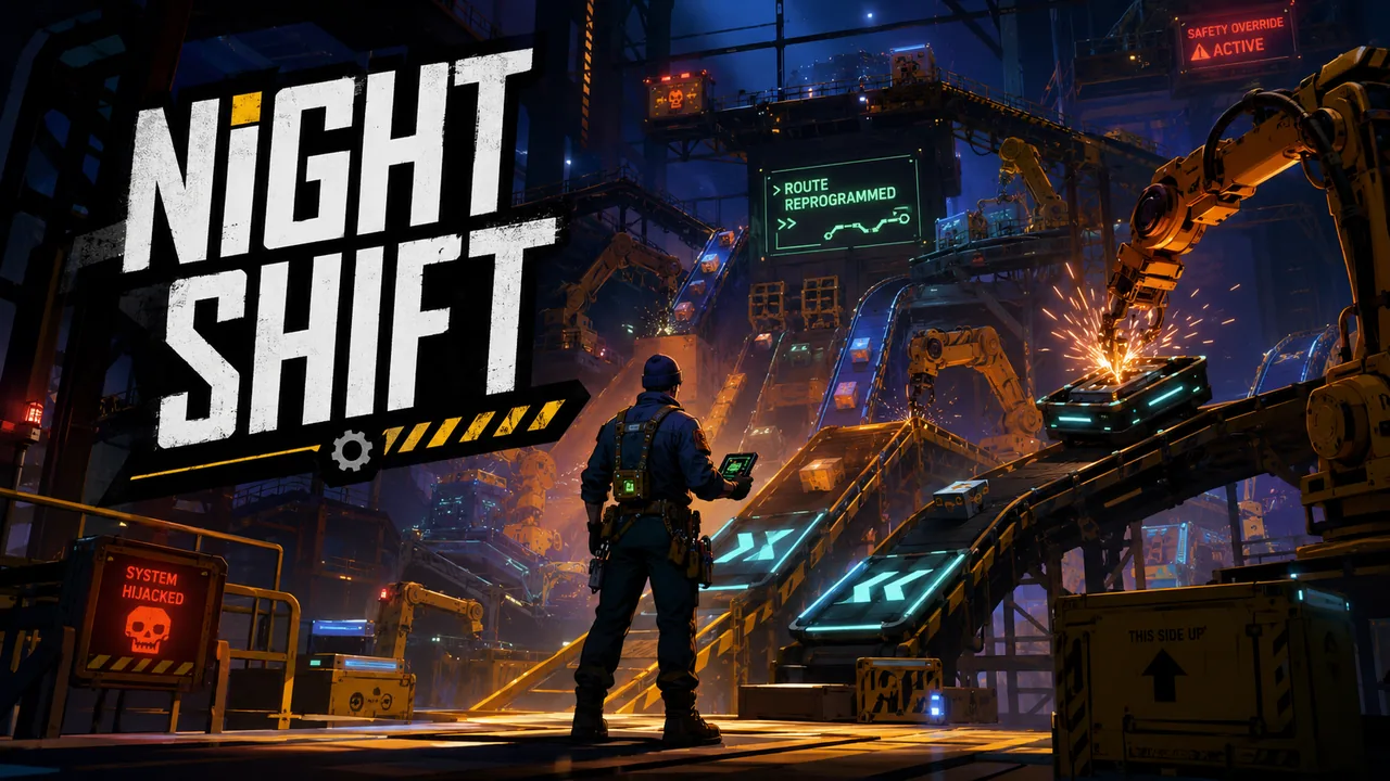 Factory worker reprogramming giant machinery amid conveyors, pistons and sparks.