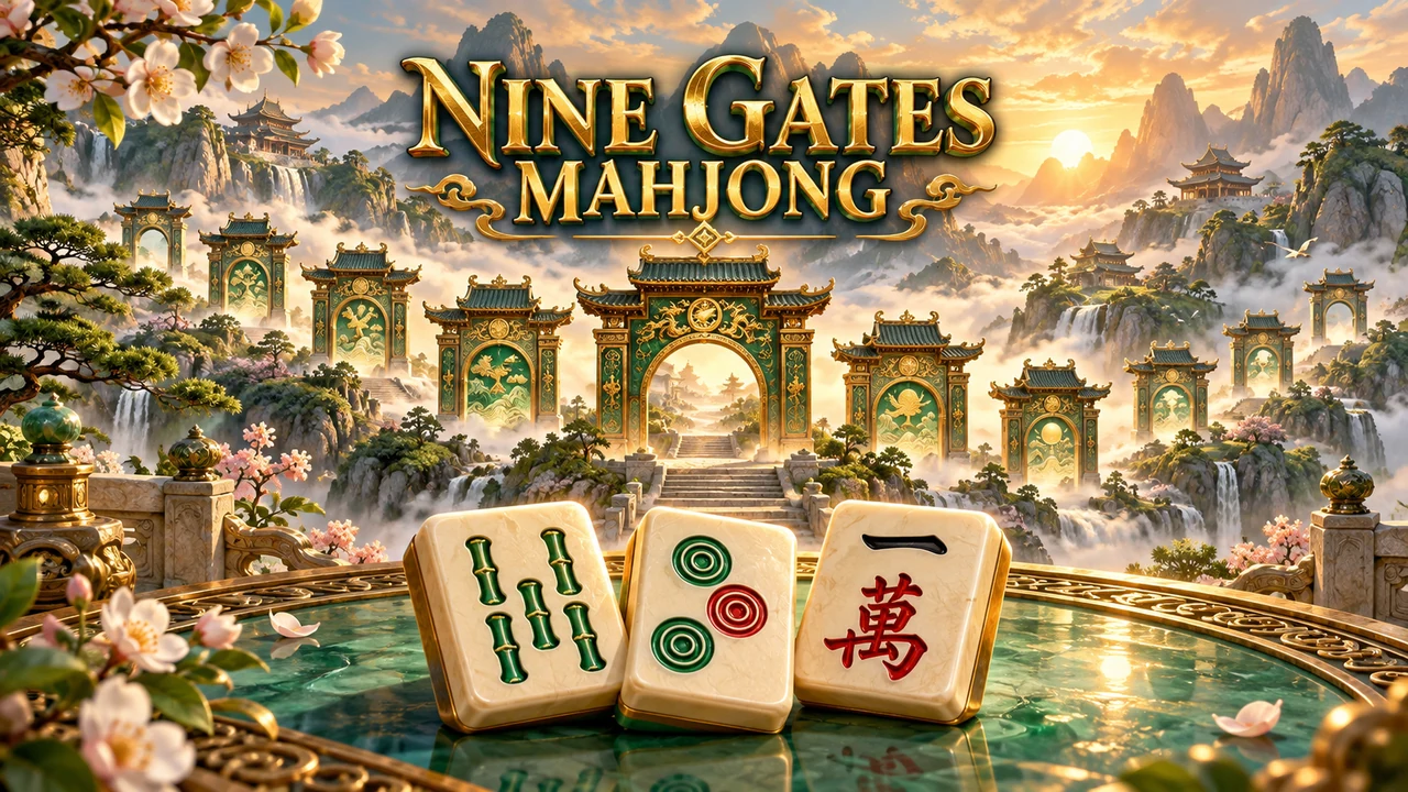 Ivory Mahjong tiles laid out in front of nine jade and gold gates at a mountain temple.
