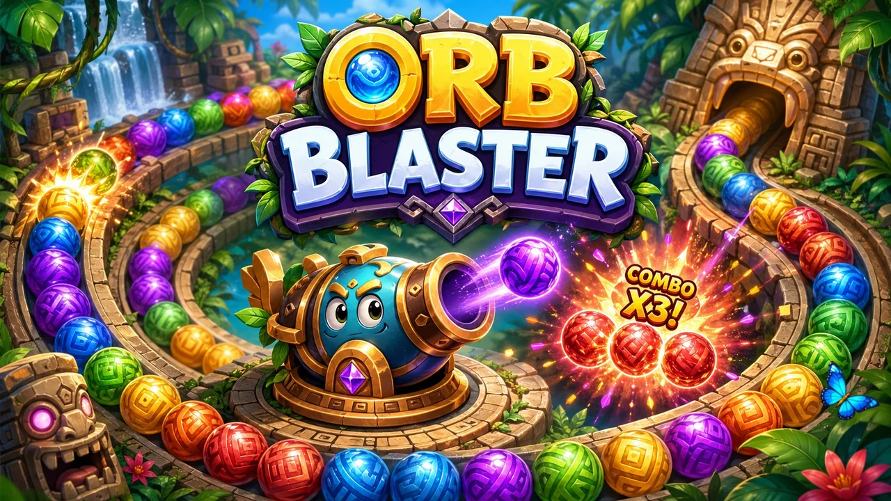A bronze cannon with a living blue face fires a purple orb along a carved stone spiral track lined with glossy coloured orbs in a jungle temple, beside a COMBO X3 burst of red orbs, beneath the title Orb Blaster.