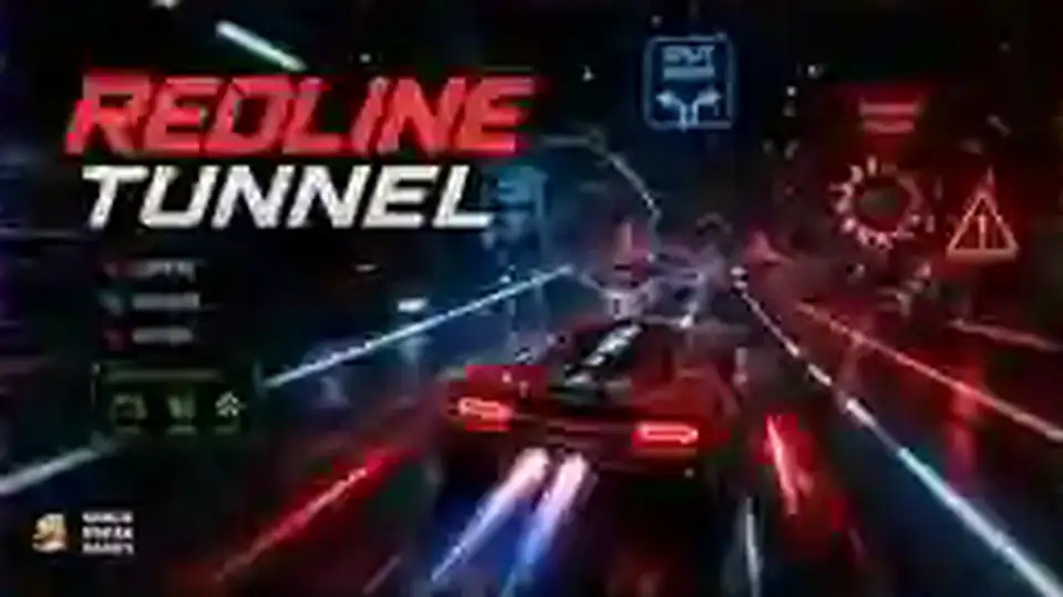 Red experimental car speeding through a neon tunnel toward branching hazard routes.