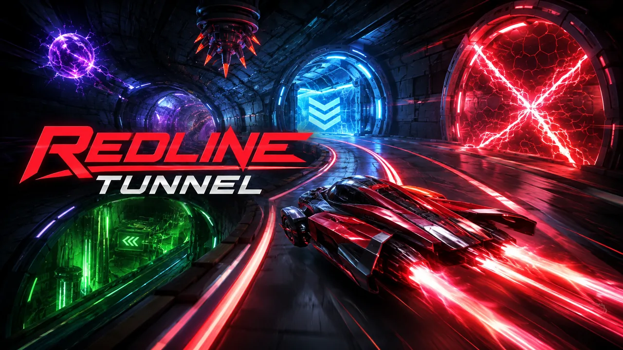 A red experimental car speeding through a neon tunnel toward branching hazard routes.