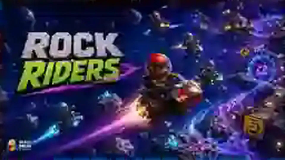 Helmeted riders racing between crystal asteroids on glowing gravity-bending trails.