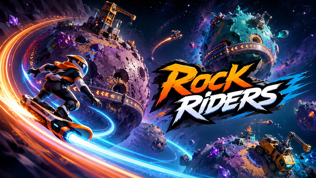 Helmeted riders racing between crystal asteroids on glowing gravity-bending trails.