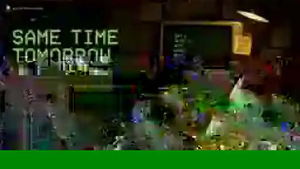 Retro green terminal surrounded by suspect photos, floor plans and time-loop investigation notes.