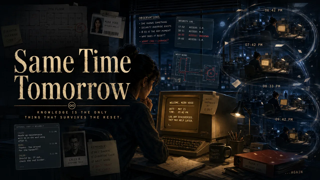 A retro green terminal surrounded by suspect photos, floor plans and notes from a time-loop investigation.