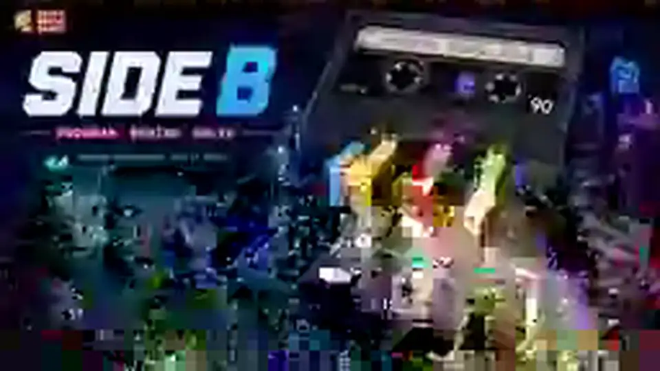Colourful little robots following programmed paths from a giant retro cassette deck.