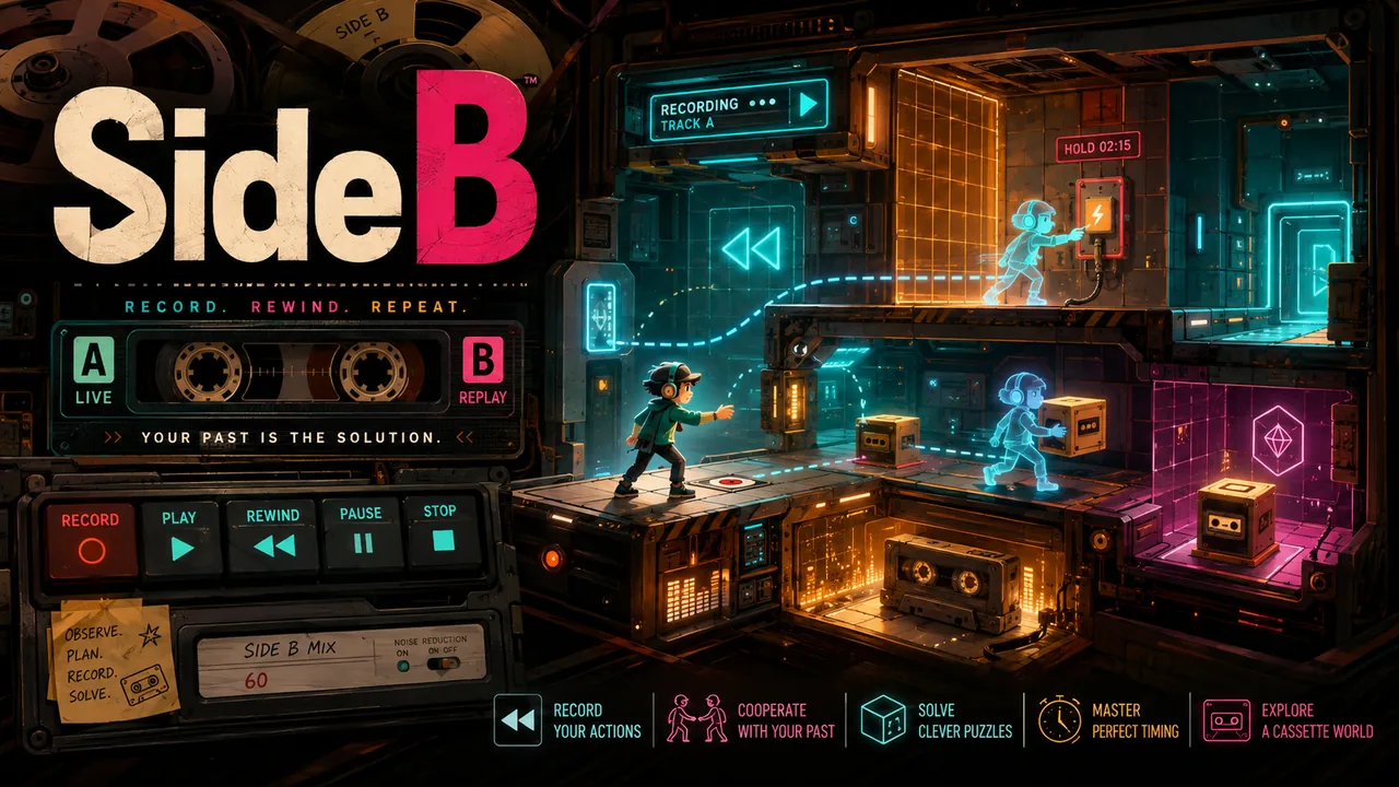 Colourful little robots following programmed paths from a giant retro cassette deck.