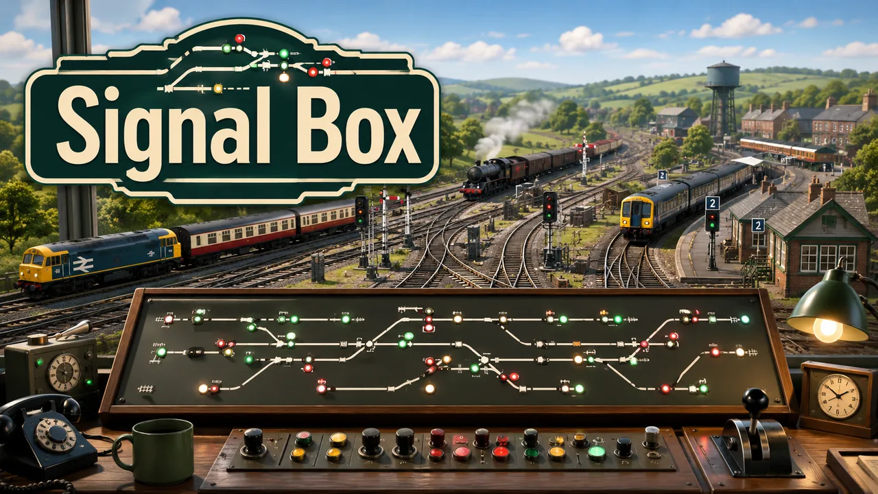 Authored Merefield Junction panorama with working track, regional trains and the illuminated signal box.