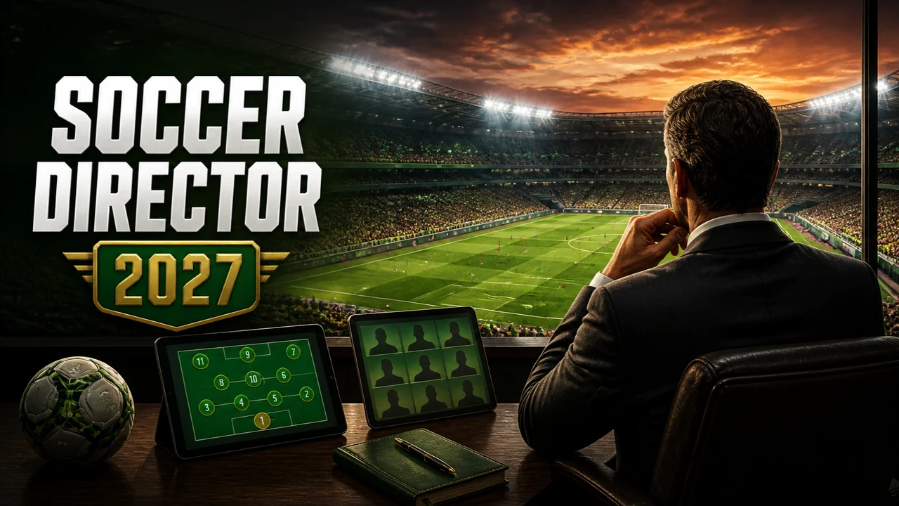 A football manager in a dark suit sits at a desk in a stadium box at dusk, a hand raised to their chin, looking out over a floodlit pitch, with a tactics tablet, a squad tablet, a notebook and a football in front of them, beside the title Soccer Director 2027.