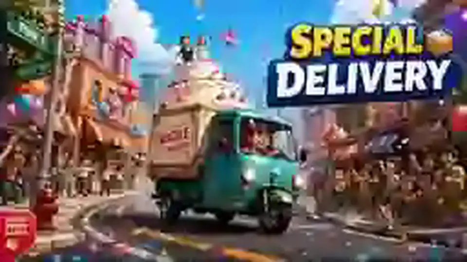 Courier vehicle racing through a city parade while carrying a fragile wedding cake.
