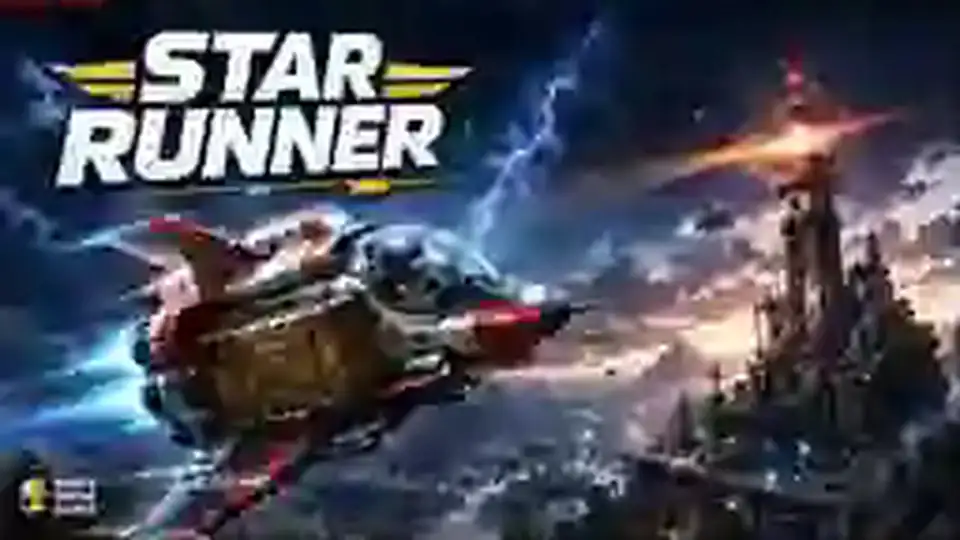 Compact rescue ship flying at speed toward a beacon above a dramatic alien landscape.