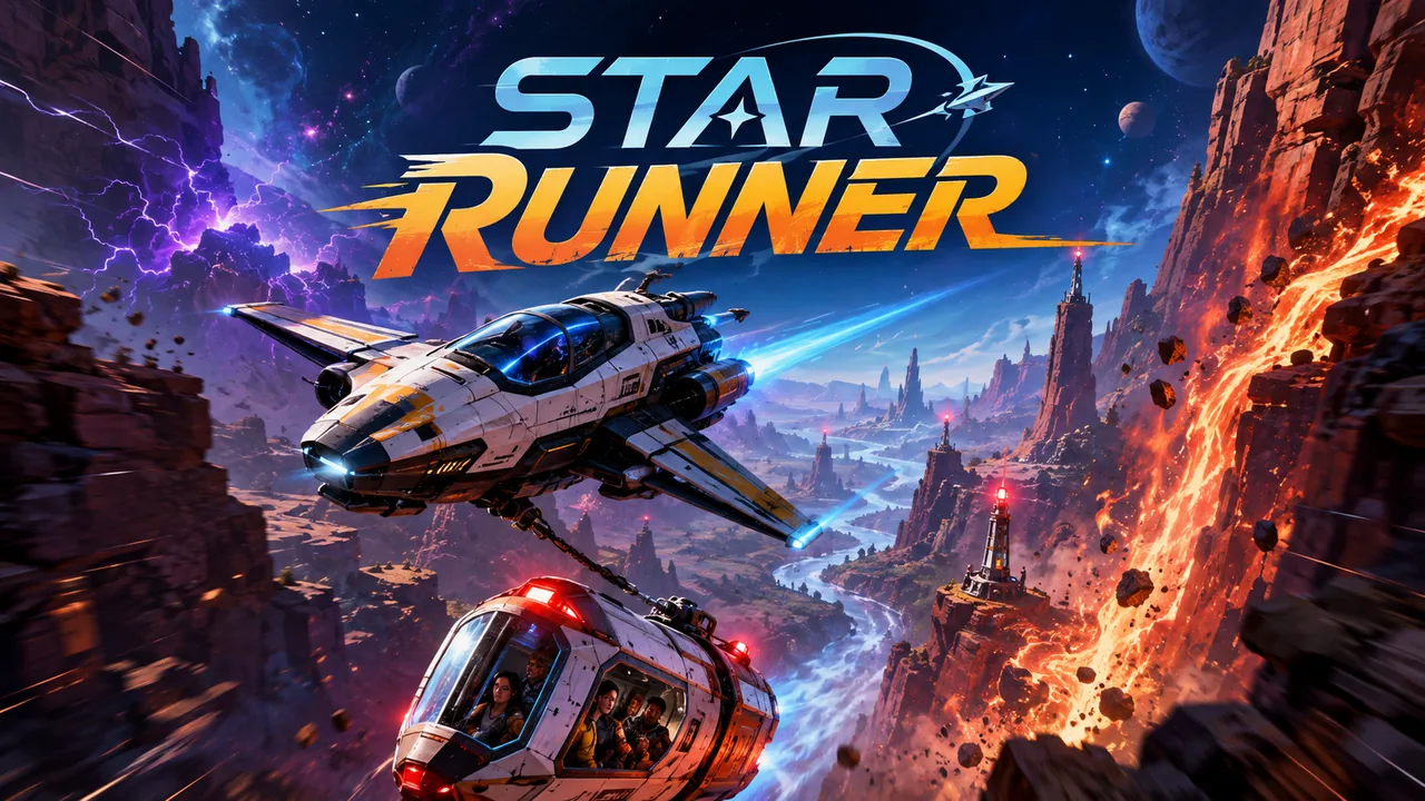 Compact rescue ship flying at speed toward a beacon above a dramatic alien landscape.