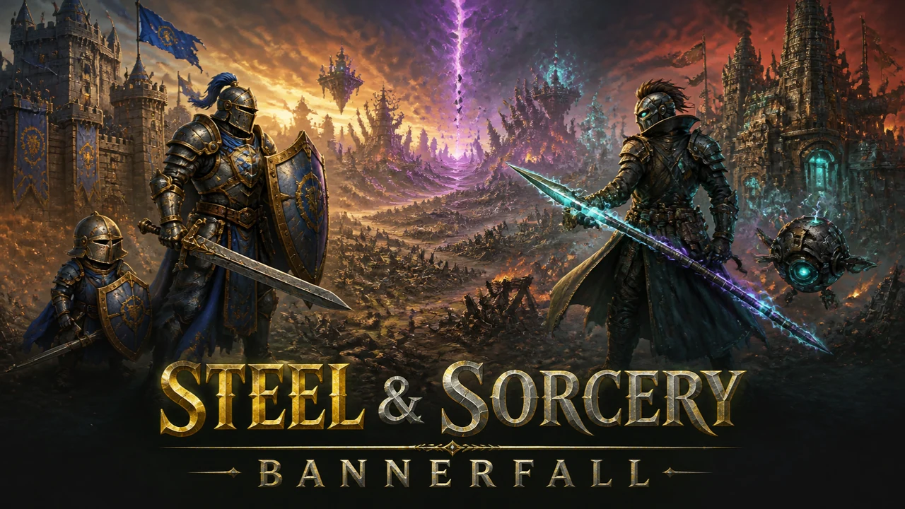 A knight in blue-and-gold plate with a small squire and a coated raider with a glowing teal lance and a hovering drone face each other across a scorched battlefield between two fortresses, under the title Steel & Sorcery: Bannerfall.