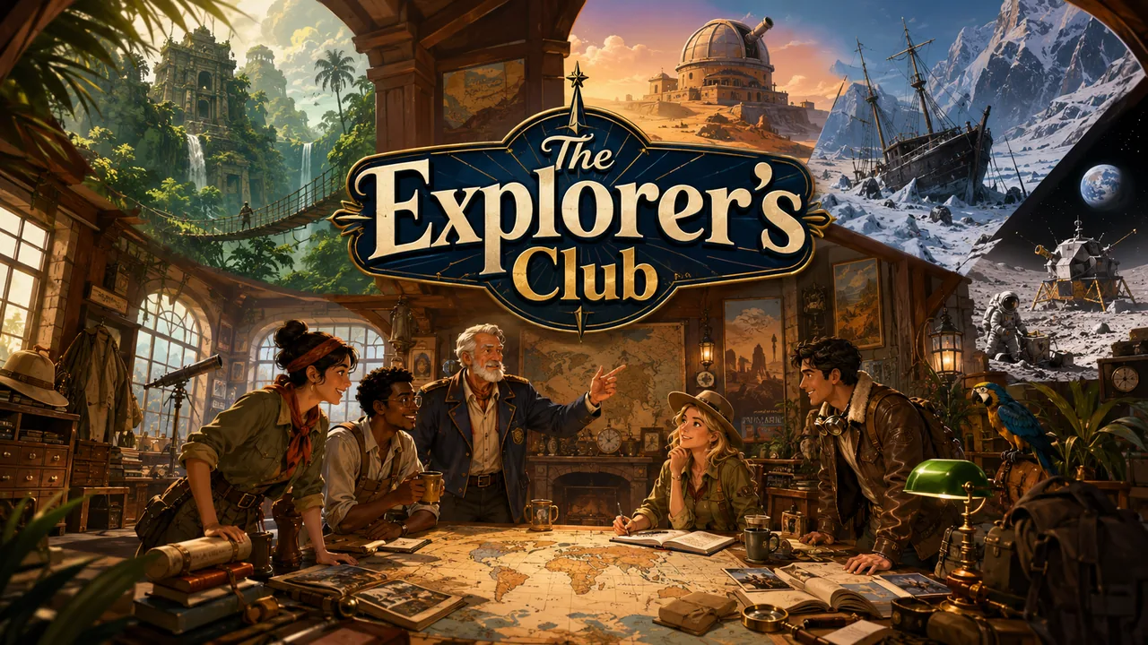 Diverse expedition team planning routes around a map table in a warm explorers clubhouse.