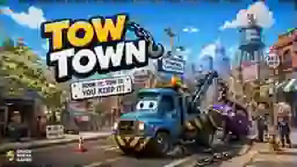 Cheerful blue tow truck hauling an awkward purple car through a bright miniature city.