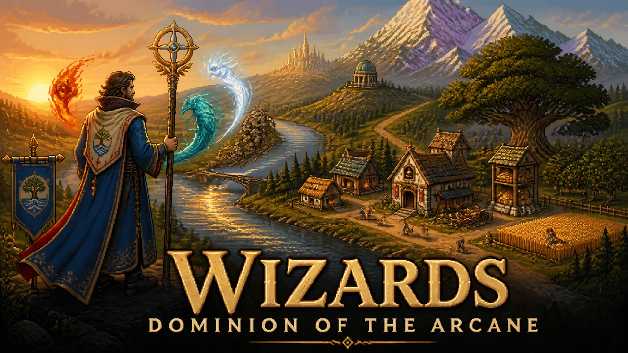 A wizard in a blue coat stands on a hillside with a tall golden staff and four swirling elemental spirits, looking over a river valley with a village, a stone bridge, a domed observatory and snowy mountains, under the title Wizards: Dominion of the Arcane.